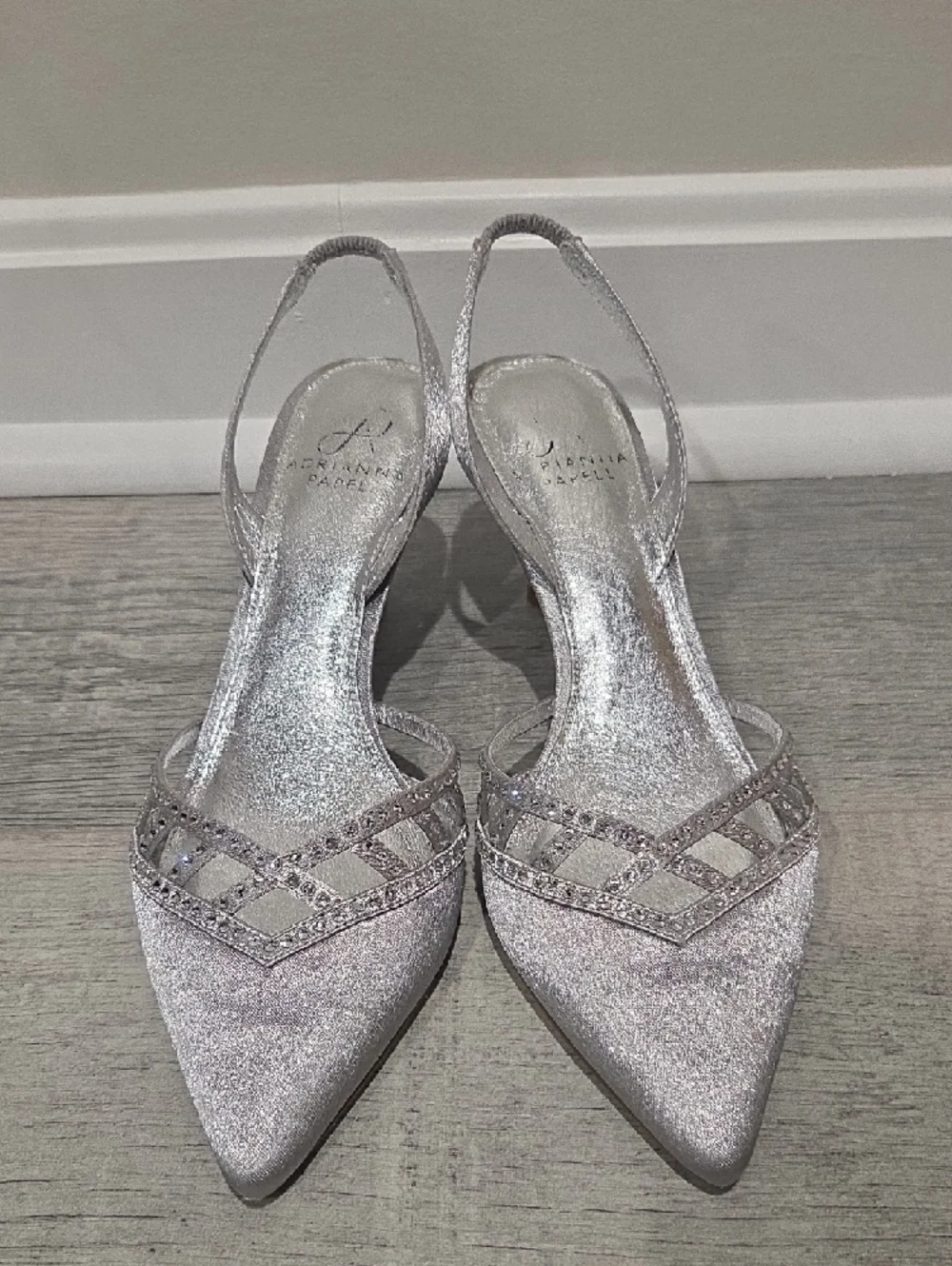 Adrianna Papell Metallic Silver Pointed Slingback Heels with Crystal Accents